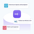 Illustratie die de belangrijkste kenmerken van een digitaal audioproduct benadrukt. Een pictogram van een geluidsgolf met daaromheen drie voordelen: ‘Ondersteunt digitale autonomie’, ‘Voldoet aan WCAG 2.2 AA’ en ‘Werkt op elk apparaat’.